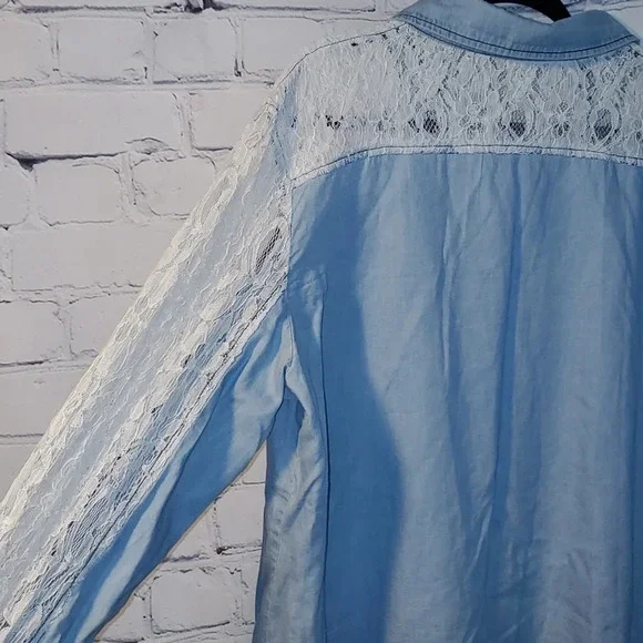 Crazy Train Lace and Denim Pearl Snap Button Up XL - Picture 9 of 11